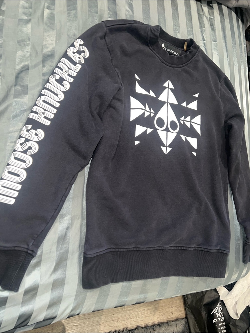 Moose Knuckles Black Crewneck with White Geometric Logo